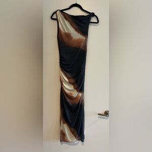 One-Shoulder Brown & Cream Ombre Ruched Maxi Dress